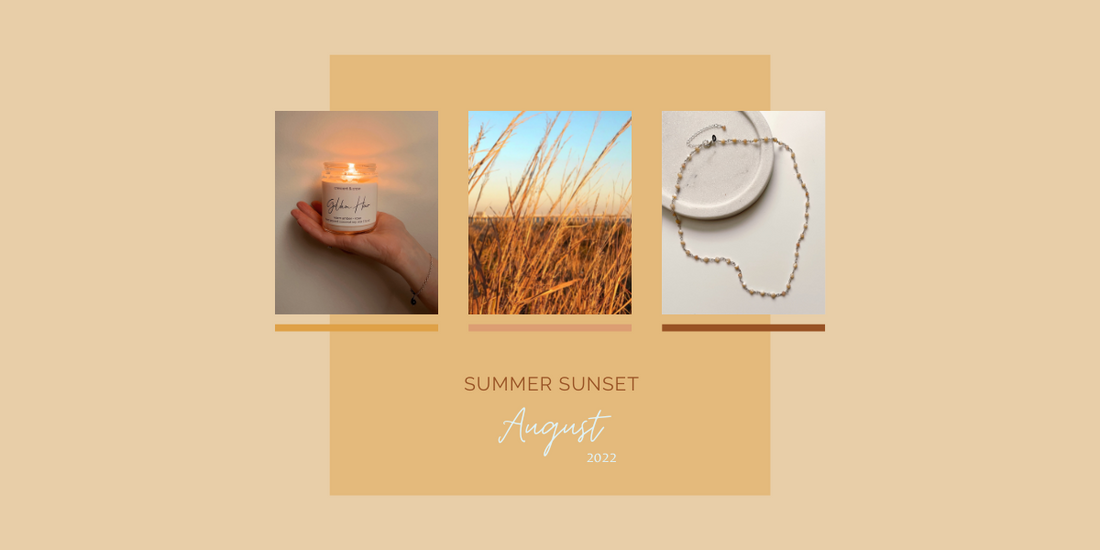 Warm sunset through golden dune grass, glowing candle in the palm of a hand, mother of pearl bead chain necklace.